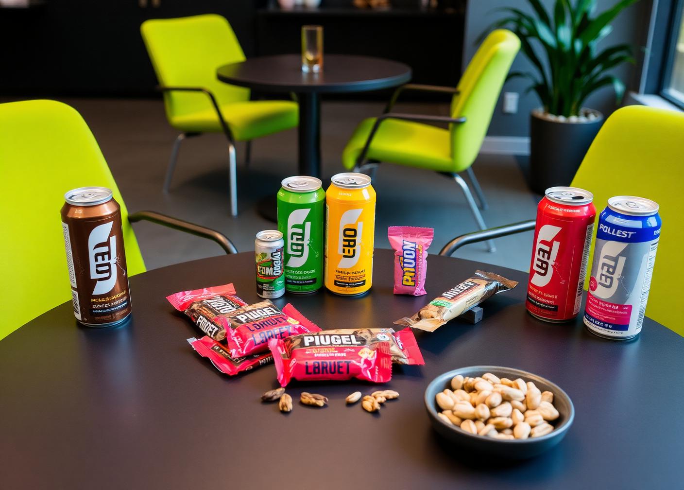 Energidrycker, bars och nötter på ett bord i ett kontors pausrum