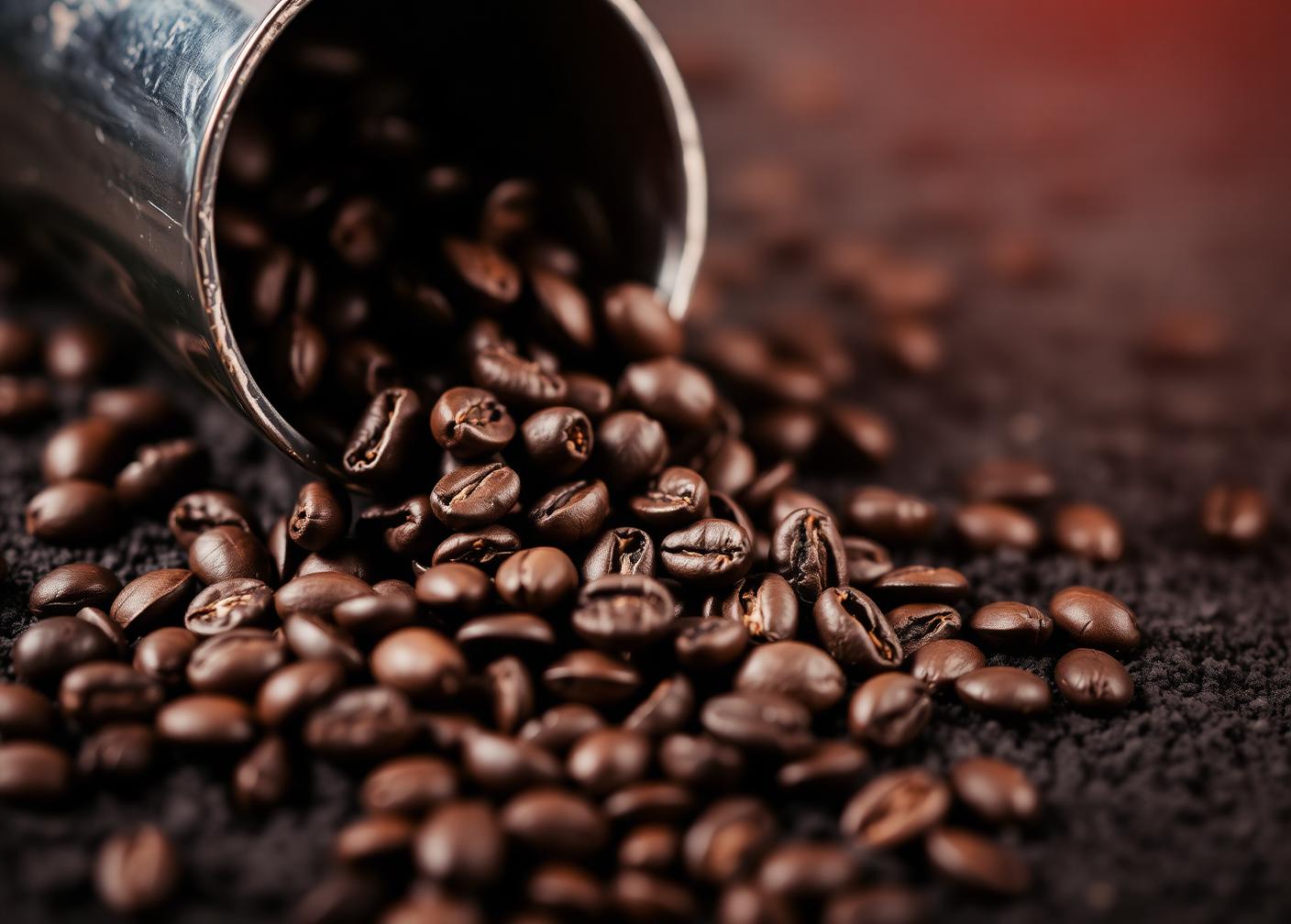 Rostade kaffebönor som hälls ur en metallskopa
