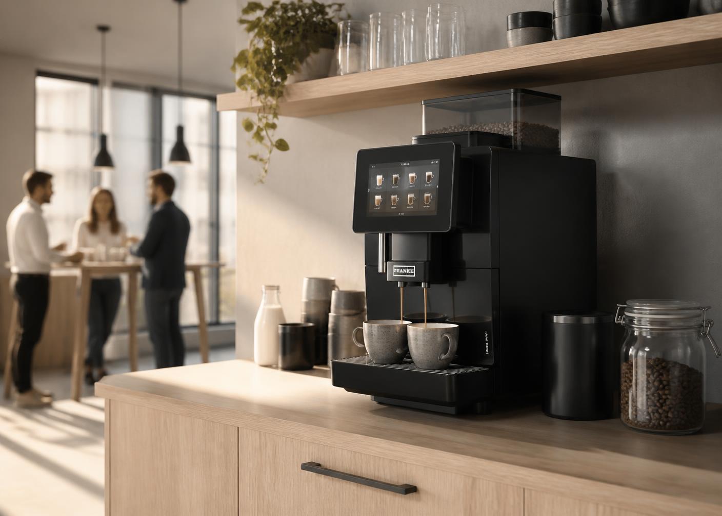 Kaffemaskin till kontor med två koppar espresso i ett personalkök