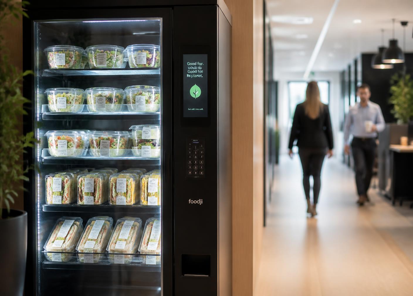 Matautomat fylld med sallader och smörgåsar i en kontorskorridor