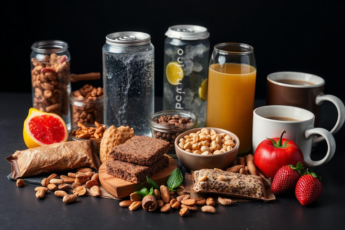 Utbud av mellanmål som nötter, bars och frukt på ett kontor
